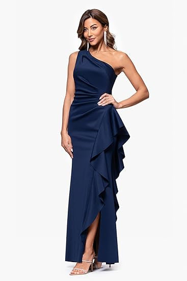 One-Shoulder Chic Elegant Solid Color Slim Waist High-Slit Side Ruffles Mermaid Evening Gown 5