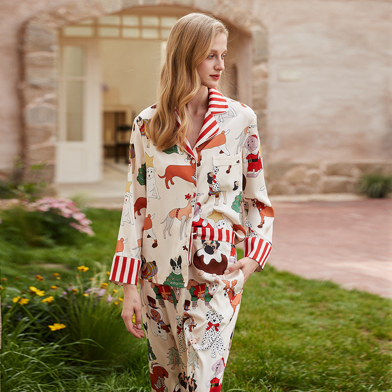 Christmas Dog Pajamas Women's Spring And Autumn Long Sleeve Turndown Collar Cartoon Print Home Clothes Women's Sleepwear 7