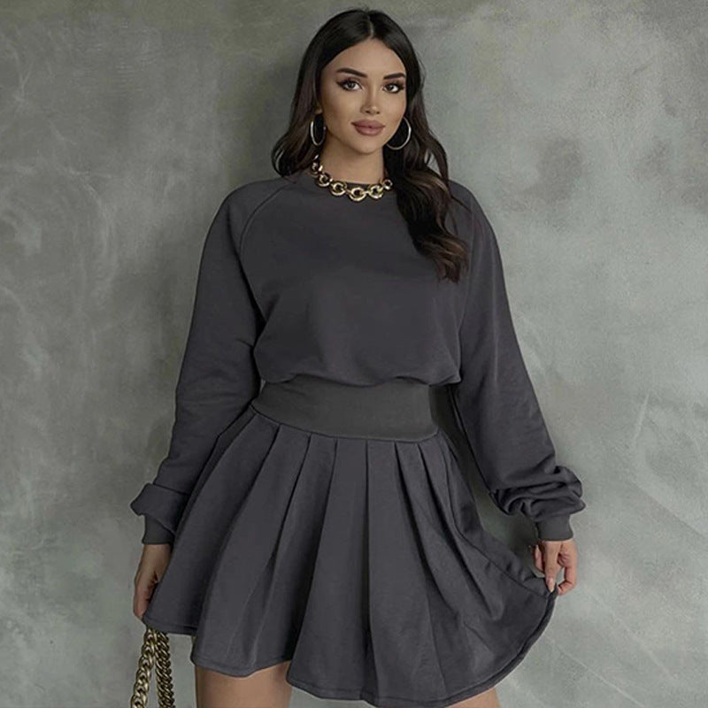 Autumn And Winter Solid Color Long-Sleeved Top Pleated Skirt Fashionable Casual Two-Piece Set 3