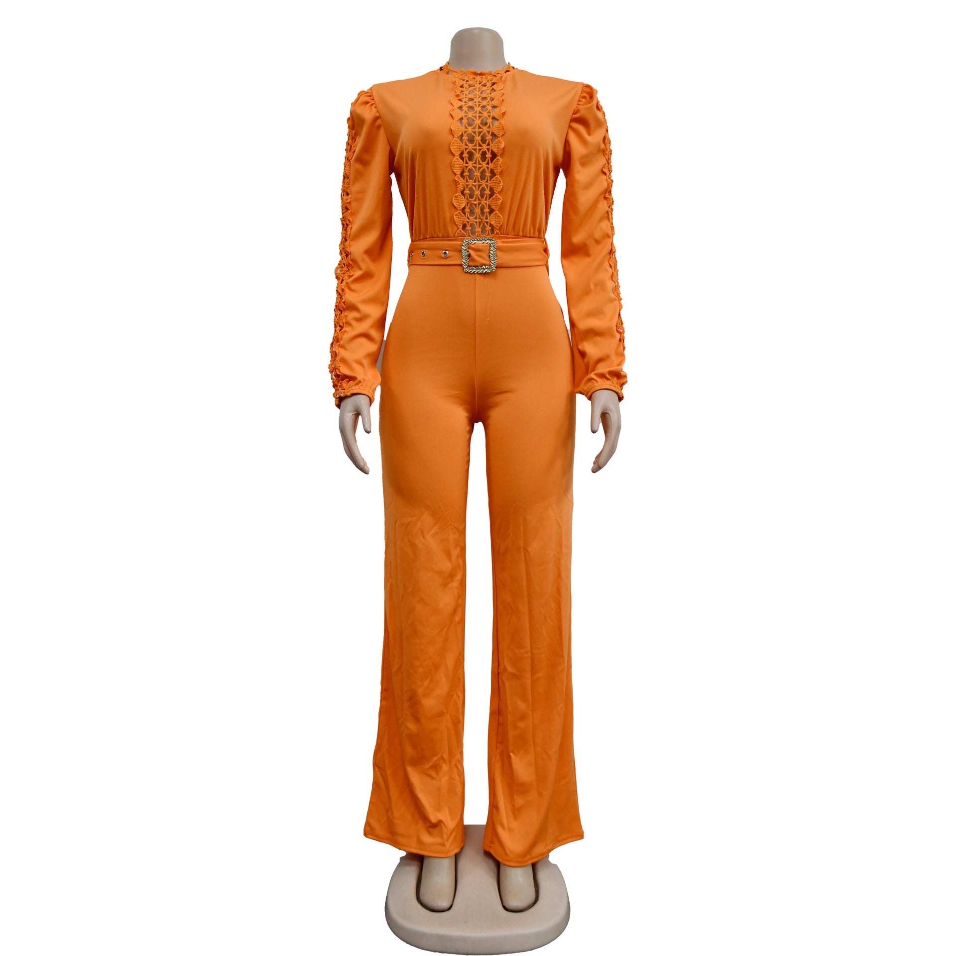 Women Belt Lace Cutout Solid Long Sleeve Jumpsuit 28