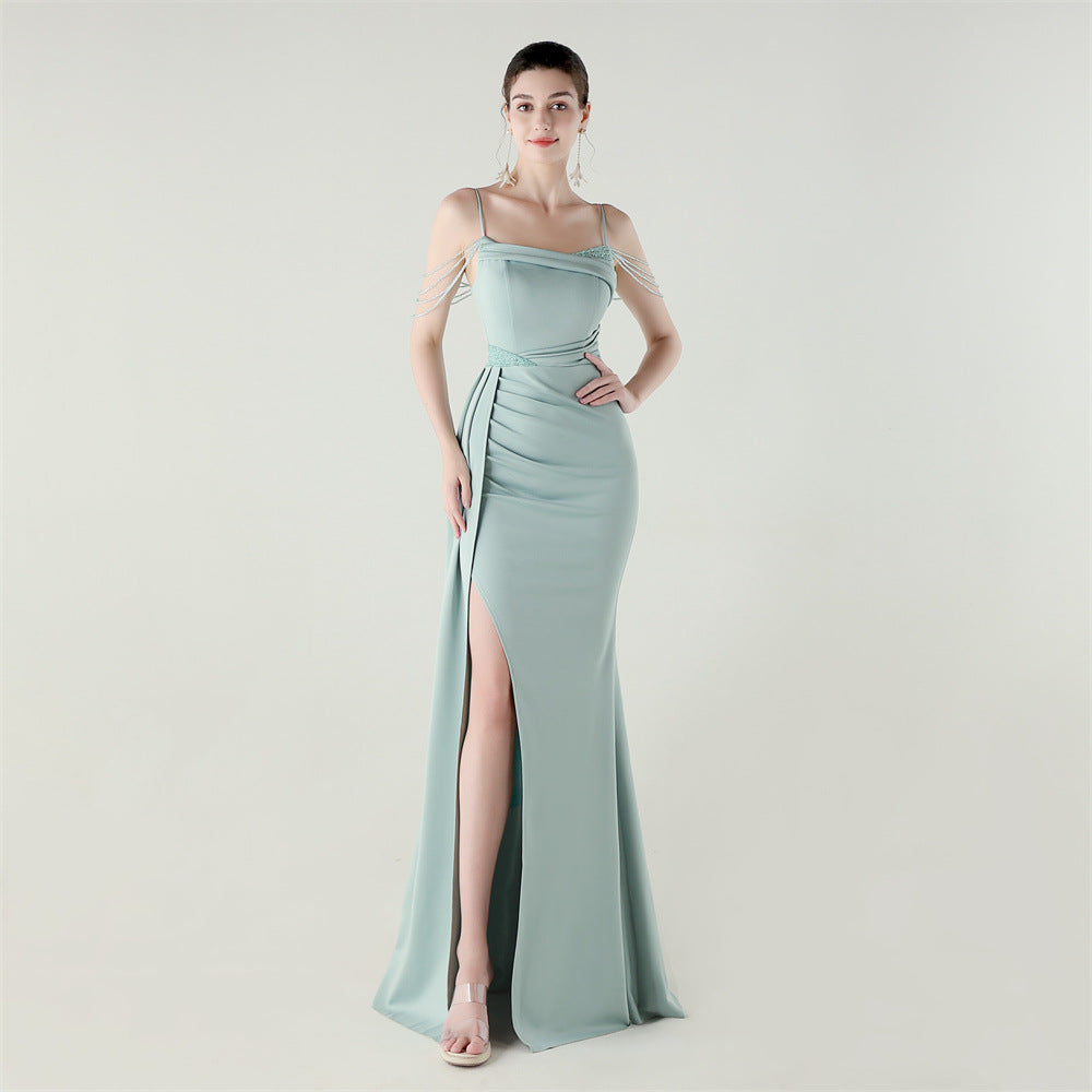 Women beaded chain fishtail slit evening dress 11