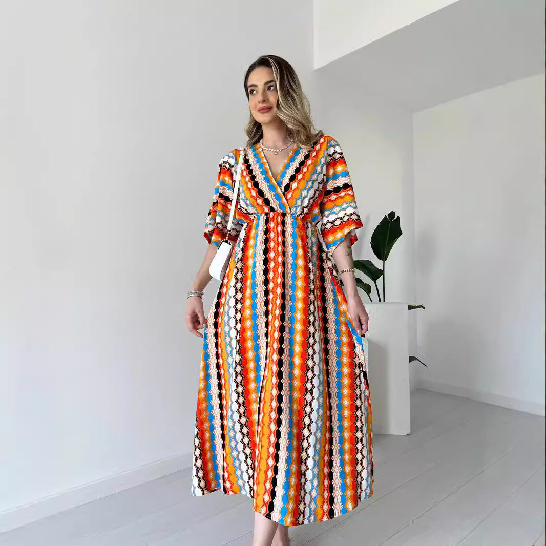Women's fashion Holidays style striped print v-neck long dress 5