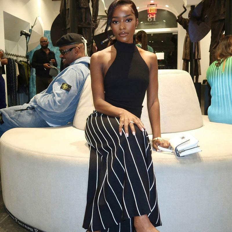 Women African Sleeveless Top and Striped Skirt Two Piece Set