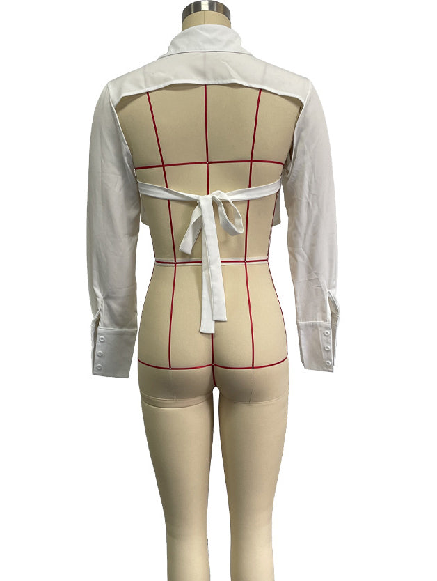 Autumn solid color Turndown Collar long-sleeved crop Slim Waist shirt 10