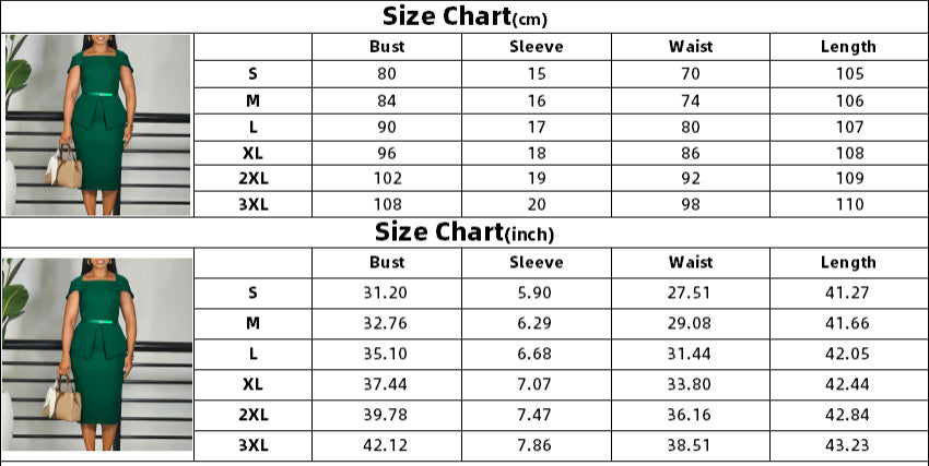 African Women's Solid Color High-Waist Ruffle Short-Sleeve Square-Neck Bodycon Pencil Dress 10