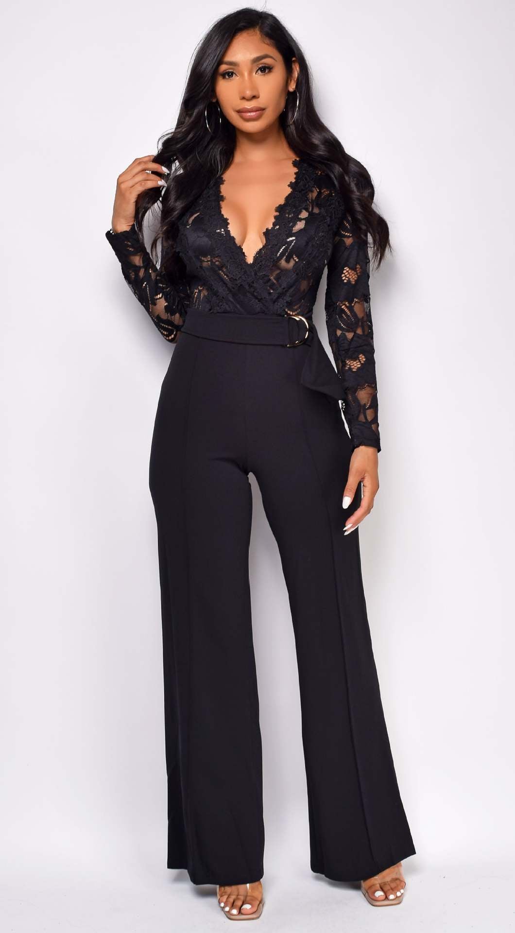 Women Lace Patchwork Long-Sleeved Casual Wide-Leg Jumpsuit