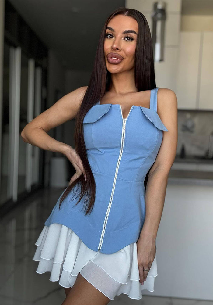 Summer Sexy Zipper Strap Women's Patchwork Pleated Short Dress