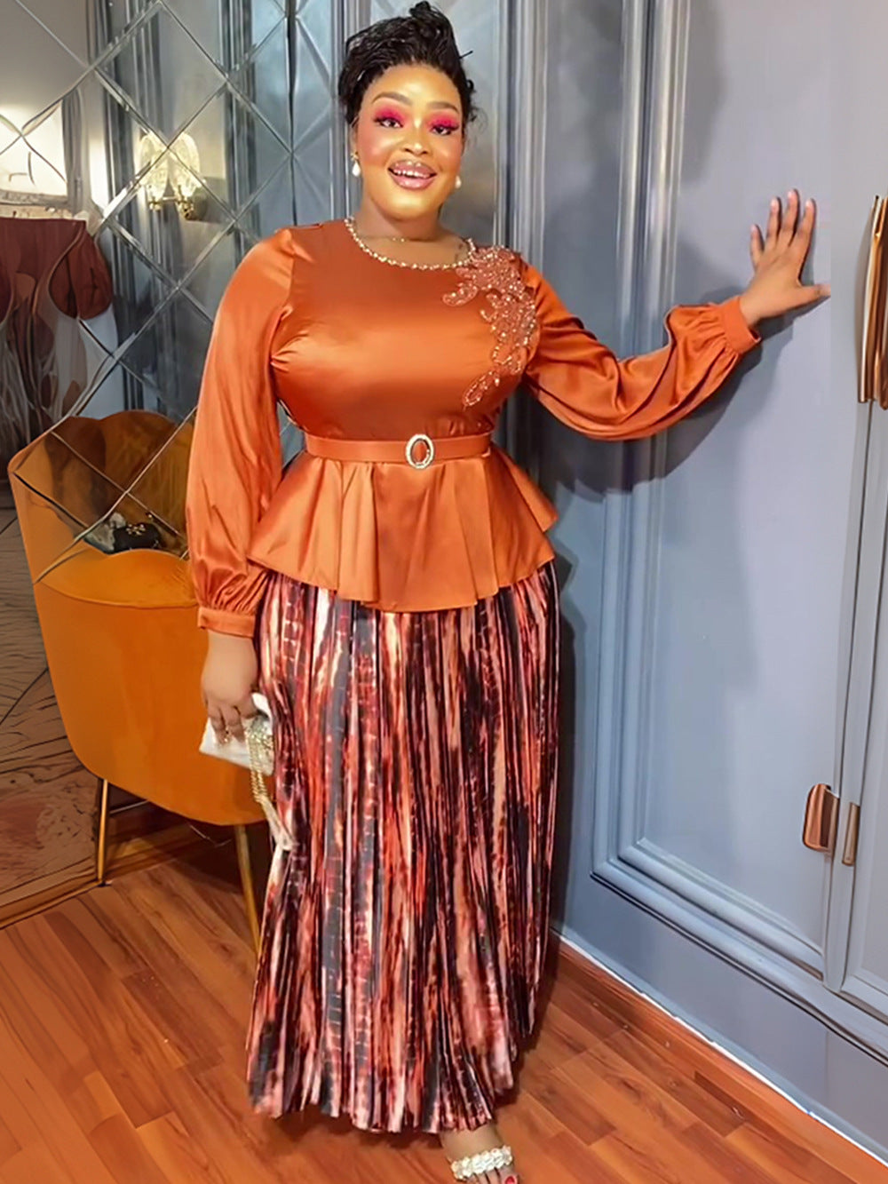 African Women's Plus Size Embroidered Beaded Chic Career Two Piece Pleated Skirt Set 6