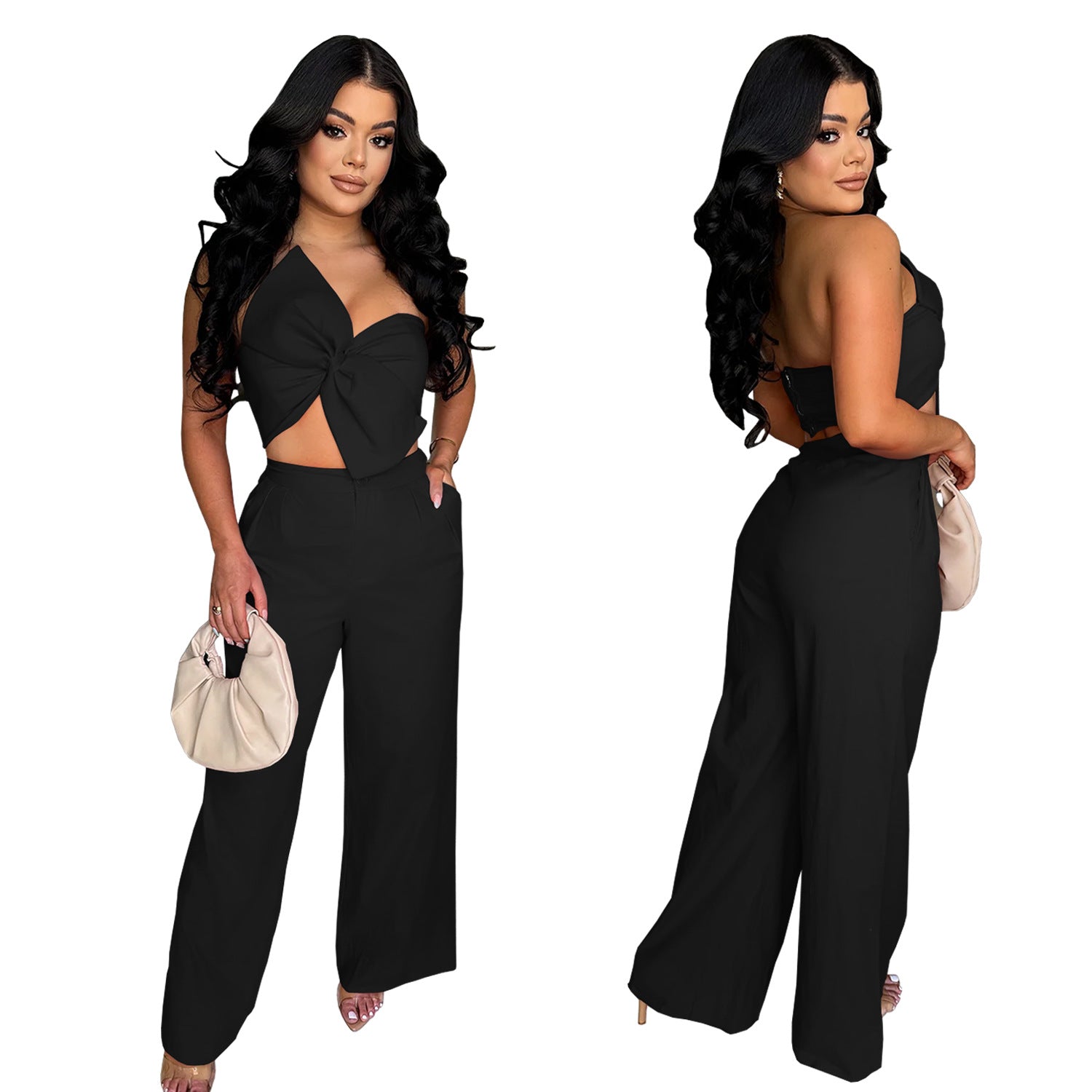 Women  Sexy Bowknot Top and Pants Two Piece Set 8