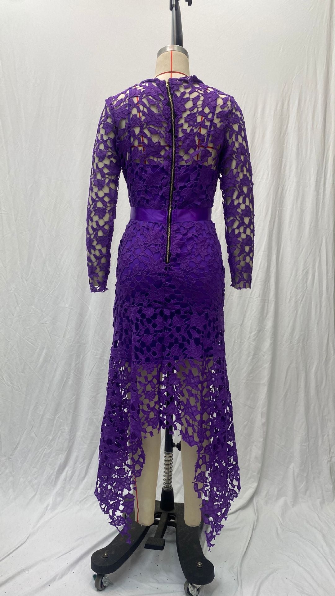 Women Lace Hollow Long Sleeve Stand Collar Lace Irregular Dress 20