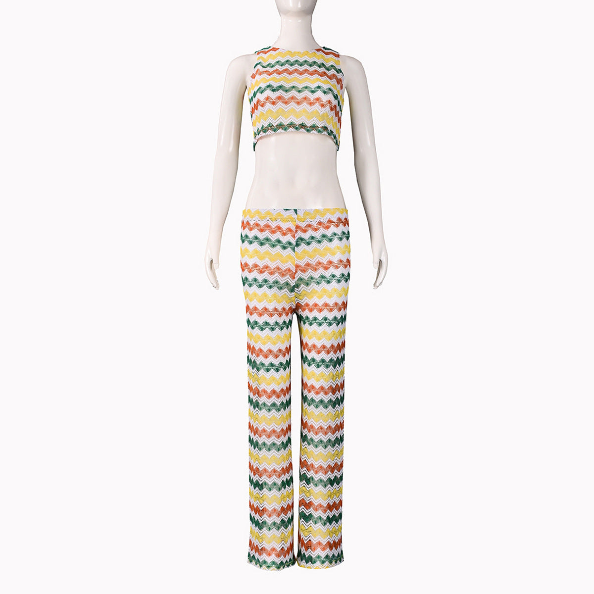 Summer Colorful Striped Sleeveless Knitting Two Piece Pants Set 7