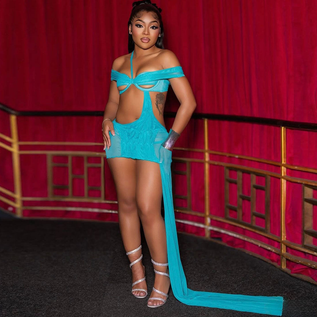 Autumn Sexy See-Through Irregular Low Back Lace-Up Bodycon Short Dress Women's Clothing 4