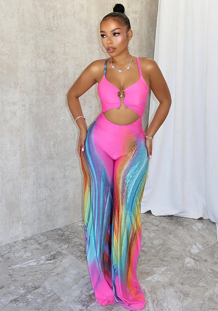 Women's Sexy Low Back Multi-Color Printed Strap High Waist Jumpsuit
