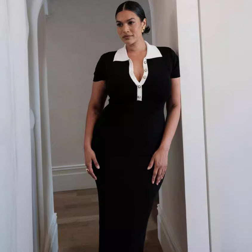 Turndown Collar Chic Contrast Color Short Sleeve Single-Breasted Female Knitting Long Dress 5