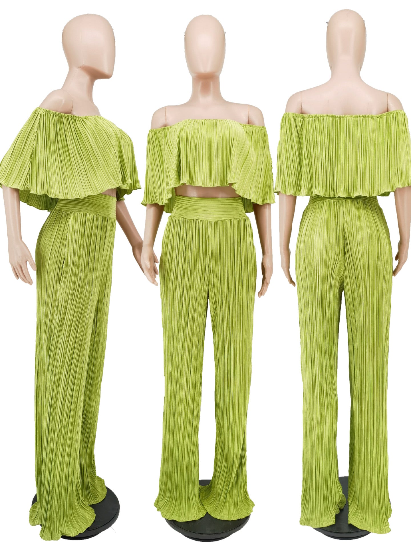 Women'S Solid Color Off-Shoulder Top Bell Bottom Pants Two-Piece Set 15