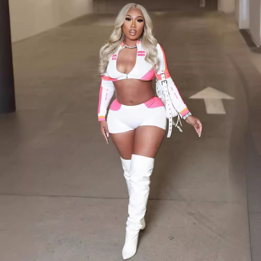 Fashion high street Print tight slim zipper long sleeve top shorts two piece set