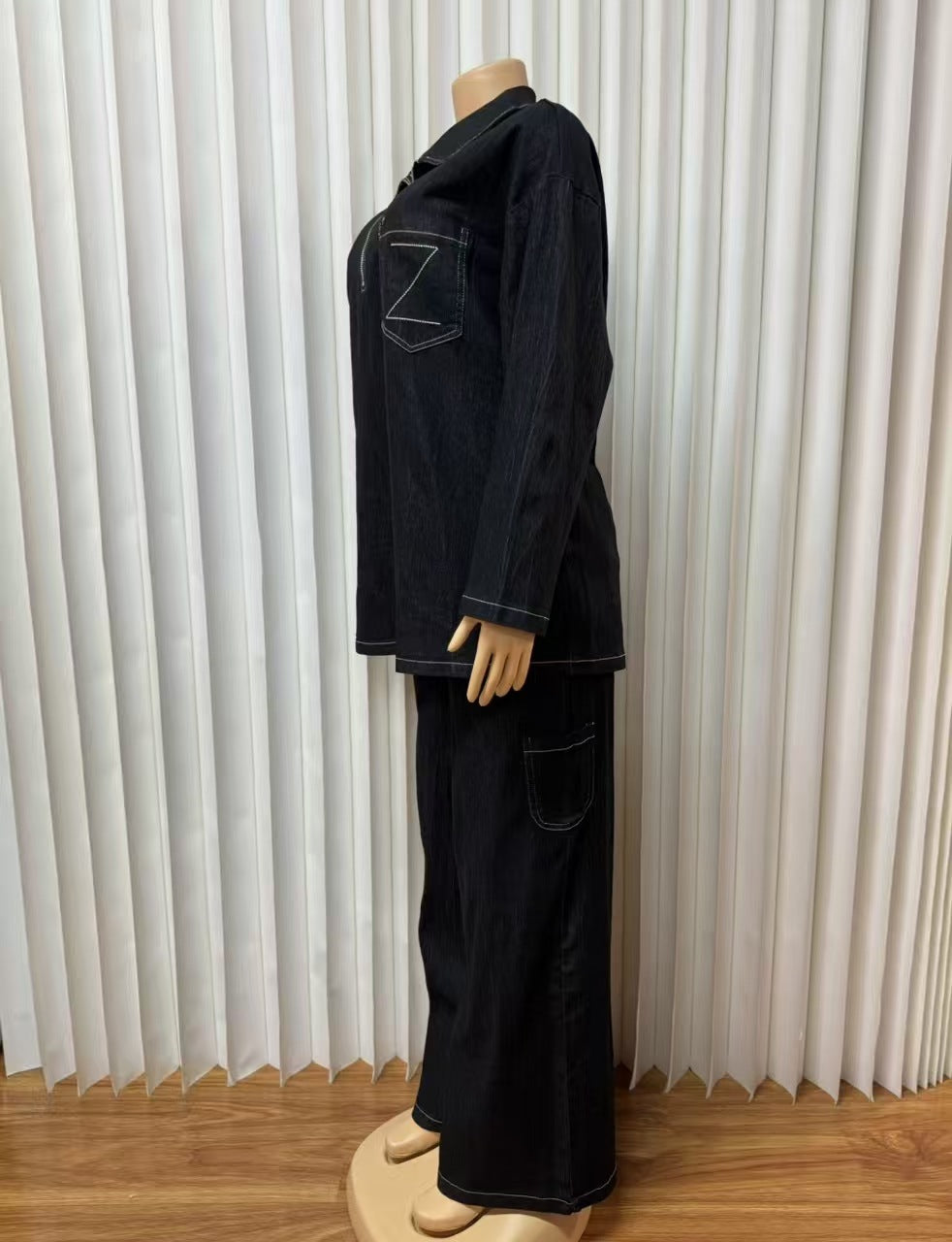 Women Autumn Denim Long-Sleeved Embroidered Turndown Collar Top and Two-Piece Pants Set 5