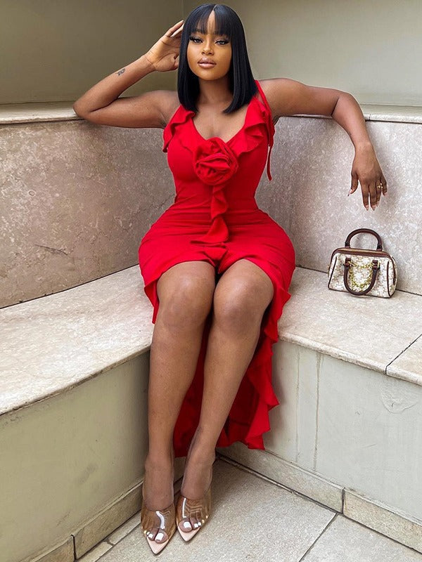 Women's Solid Color Sexy Sleeveless Strap Flower Irregular Trendy Dress 4