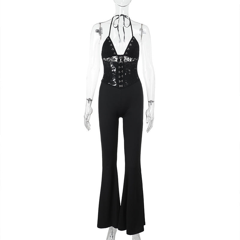 Women Summer Halter Neck Sexy Lace Suspender Jumpsuits 8