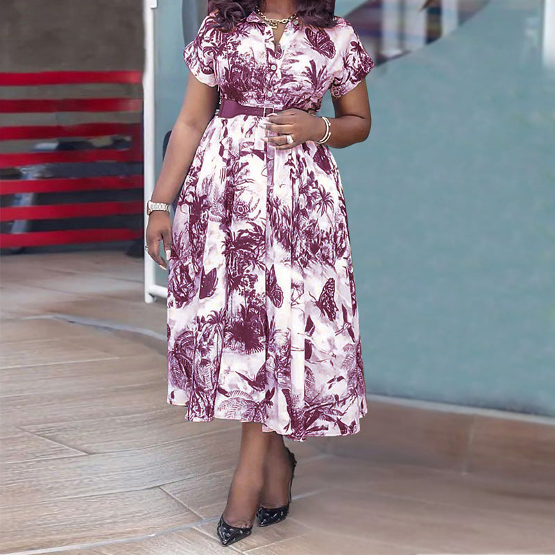 Plus Size Women Printed Stand Collar Belted Dress 8