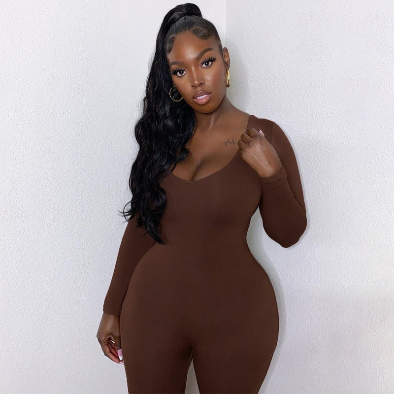 Women's Summer Fashion Long Sleeve Slim Solid Color Jumpsuit 4