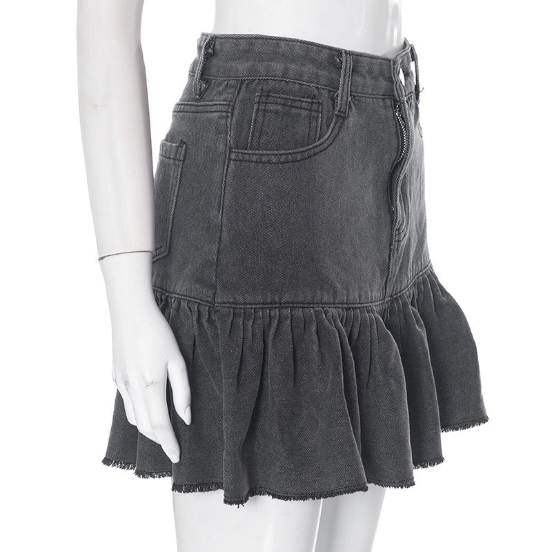 Women Autumn Solid Casual Button Zipper Denim Pleated Skirt 10