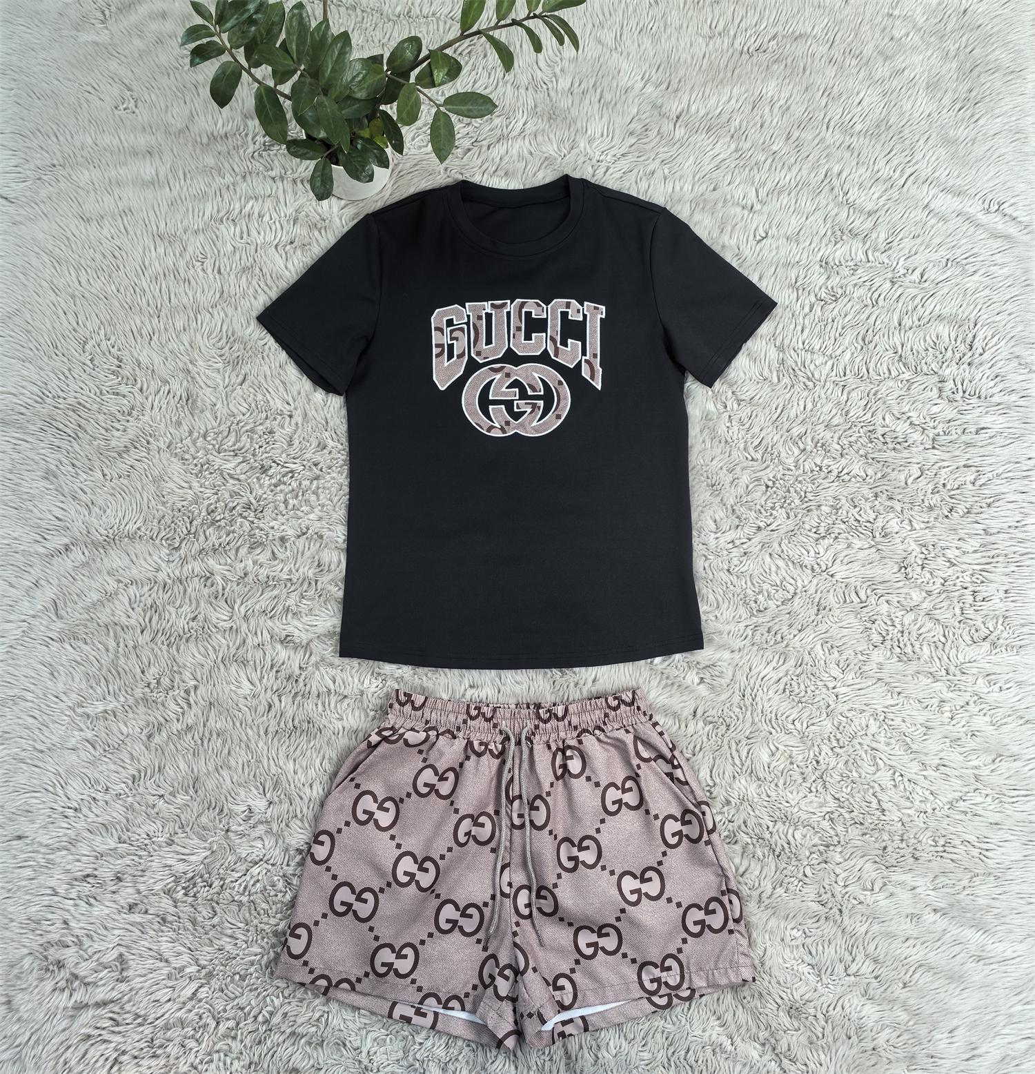 Women Summer Embroidered Printed Short Sleeve Top and Shorts Two-Piece Set 21