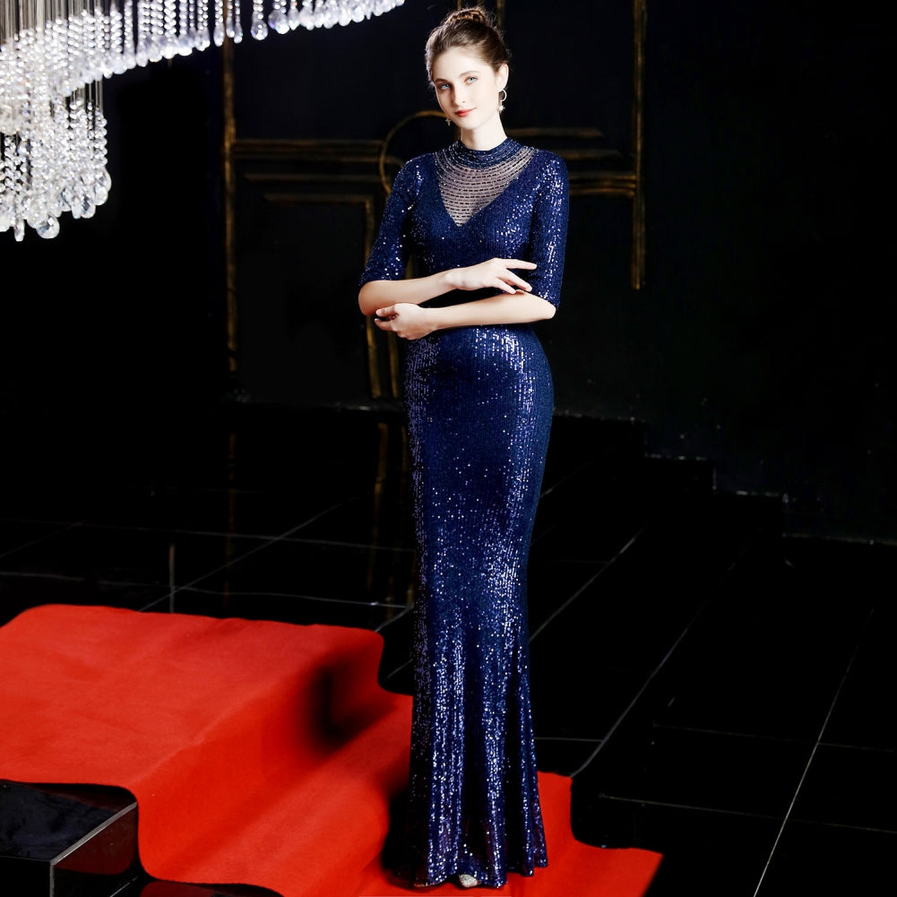 Sequins Half Sleeves Round Neck Evening Dress 4