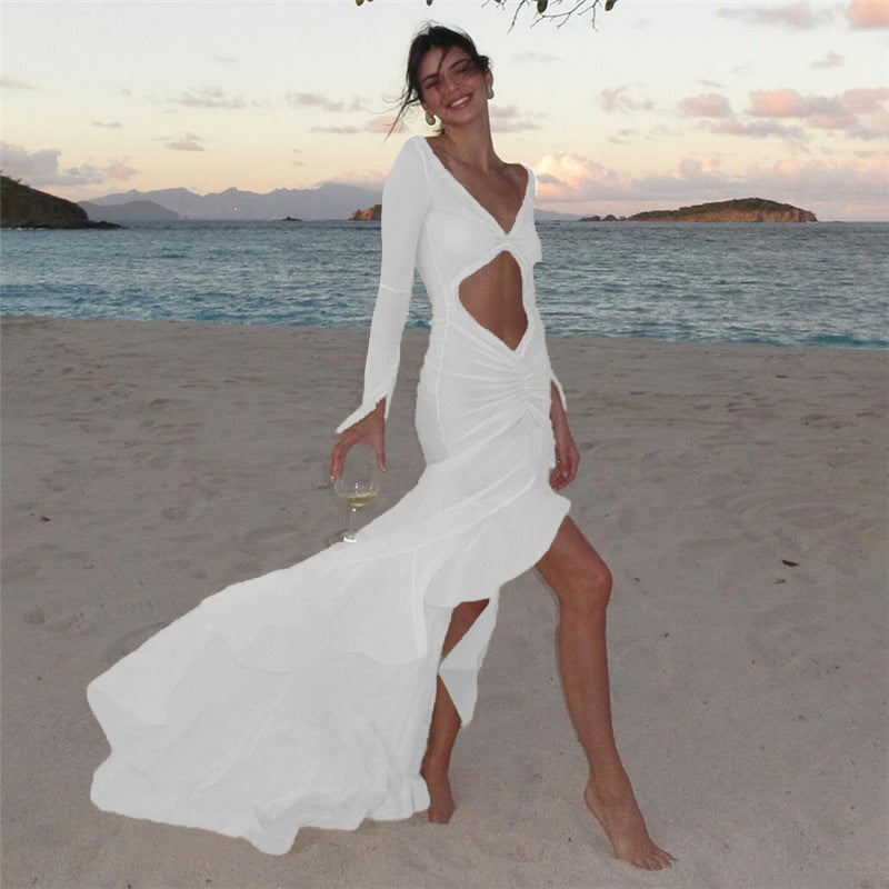 Summer Women's V-Neck Sheer Sexy Cutout Slim Log Dress