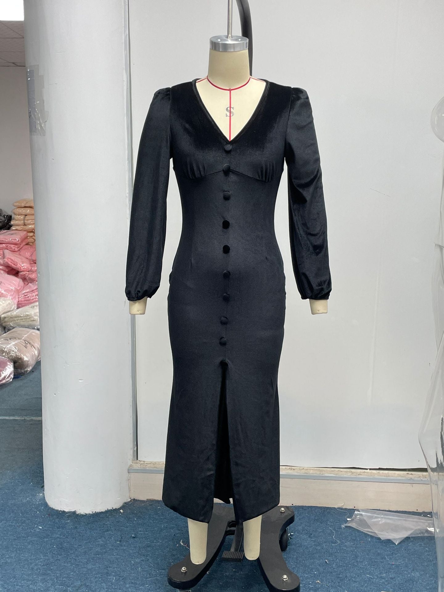 Women Autumn Knittingv Collar Solid Padded Shoulder Long Sleeve Slit Evening Dress 42