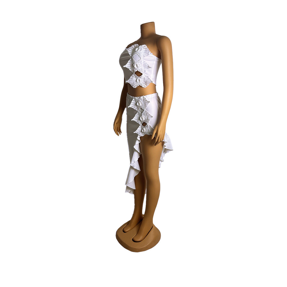 Women Slit Strapless Ruffle Lace Top and Skirt Two-Piece Set 7