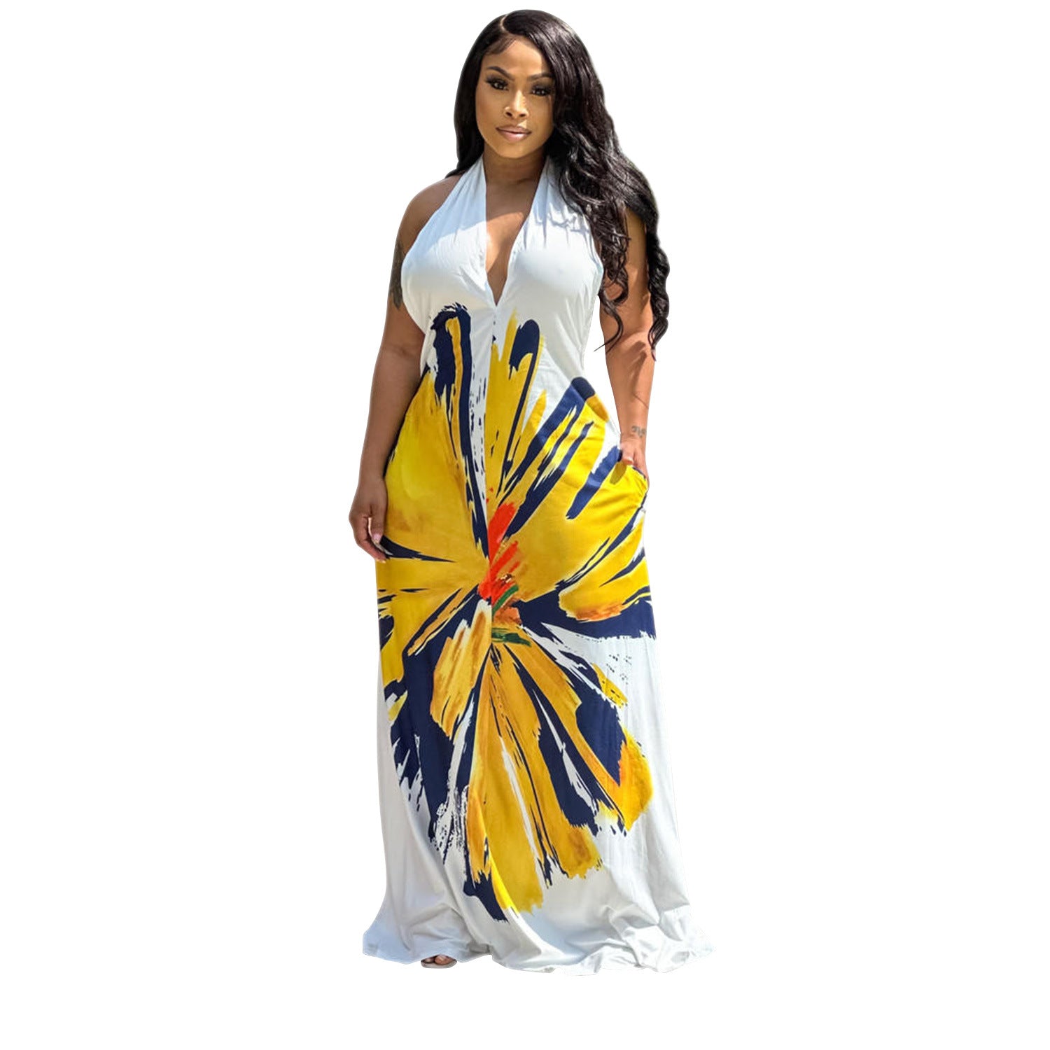 Women's Fashion Low Back Halter Neck Gown Print Maxi Dress 6
