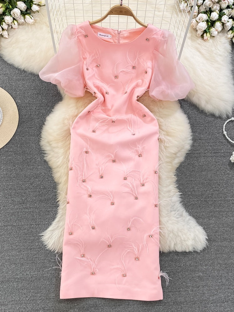 Luxury Chic Puff Sleeve Round Neck Slim Waist Slim Fit Tassel Bodycon Dress