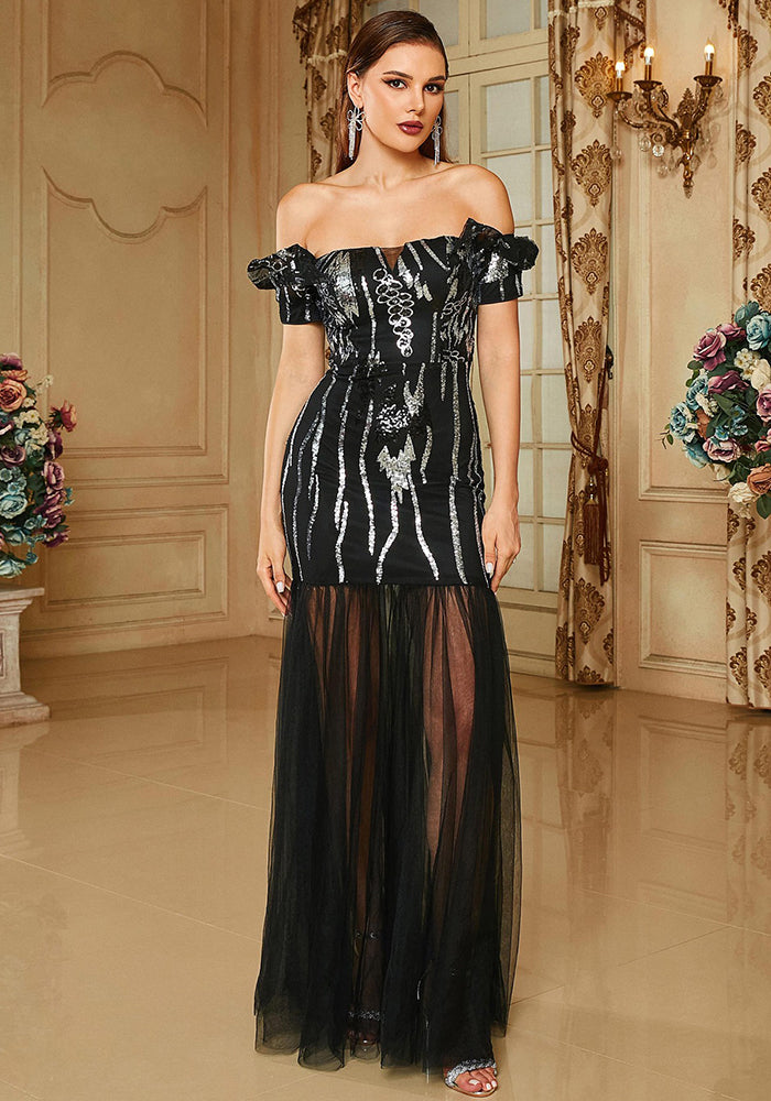 Chic Off Shoulder Sexy Sequin Mesh Patchwork Formal Party Fishtail Evening Dress Long Bridesmaid Dress