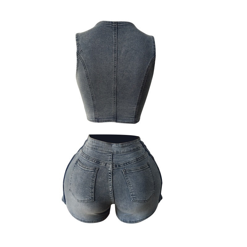 Elastic Denim Vest and Shorts Set for Women 7