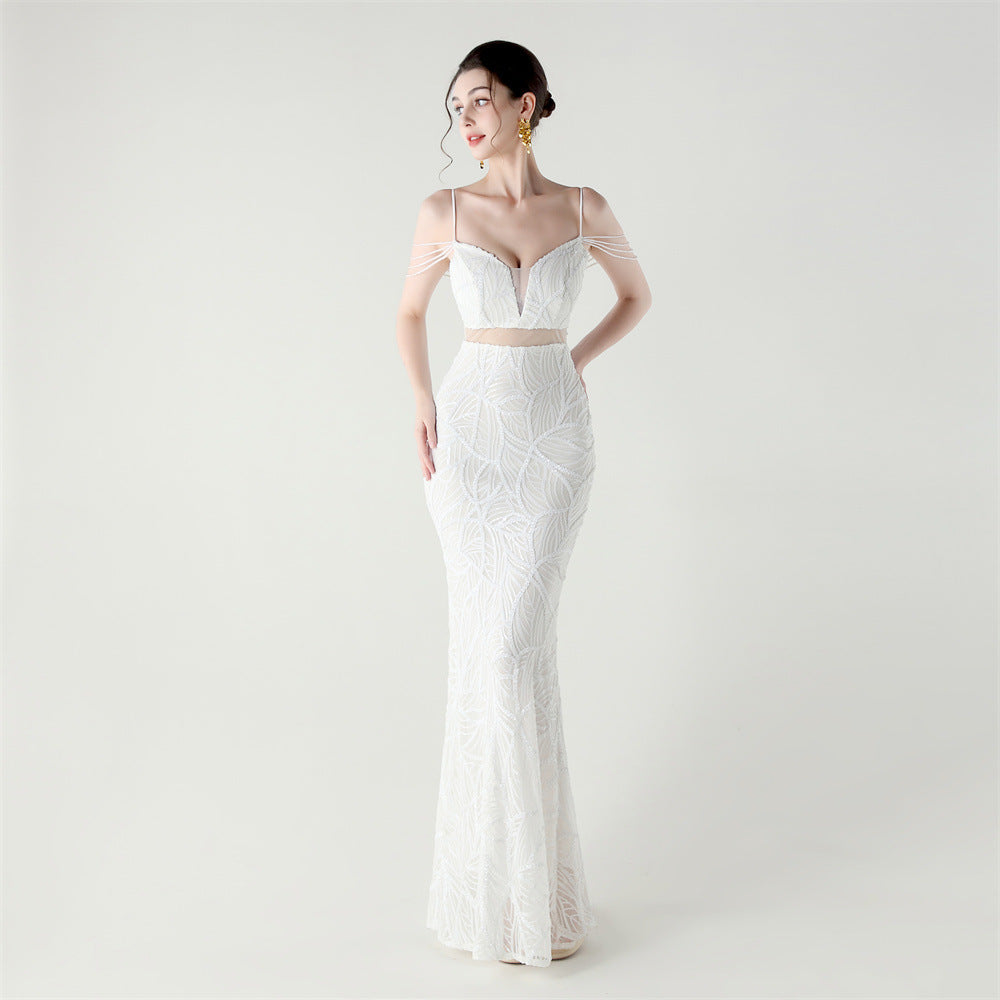 Women beaded cross Lace-Up hollow Patchwork Formal Party evening dress 9