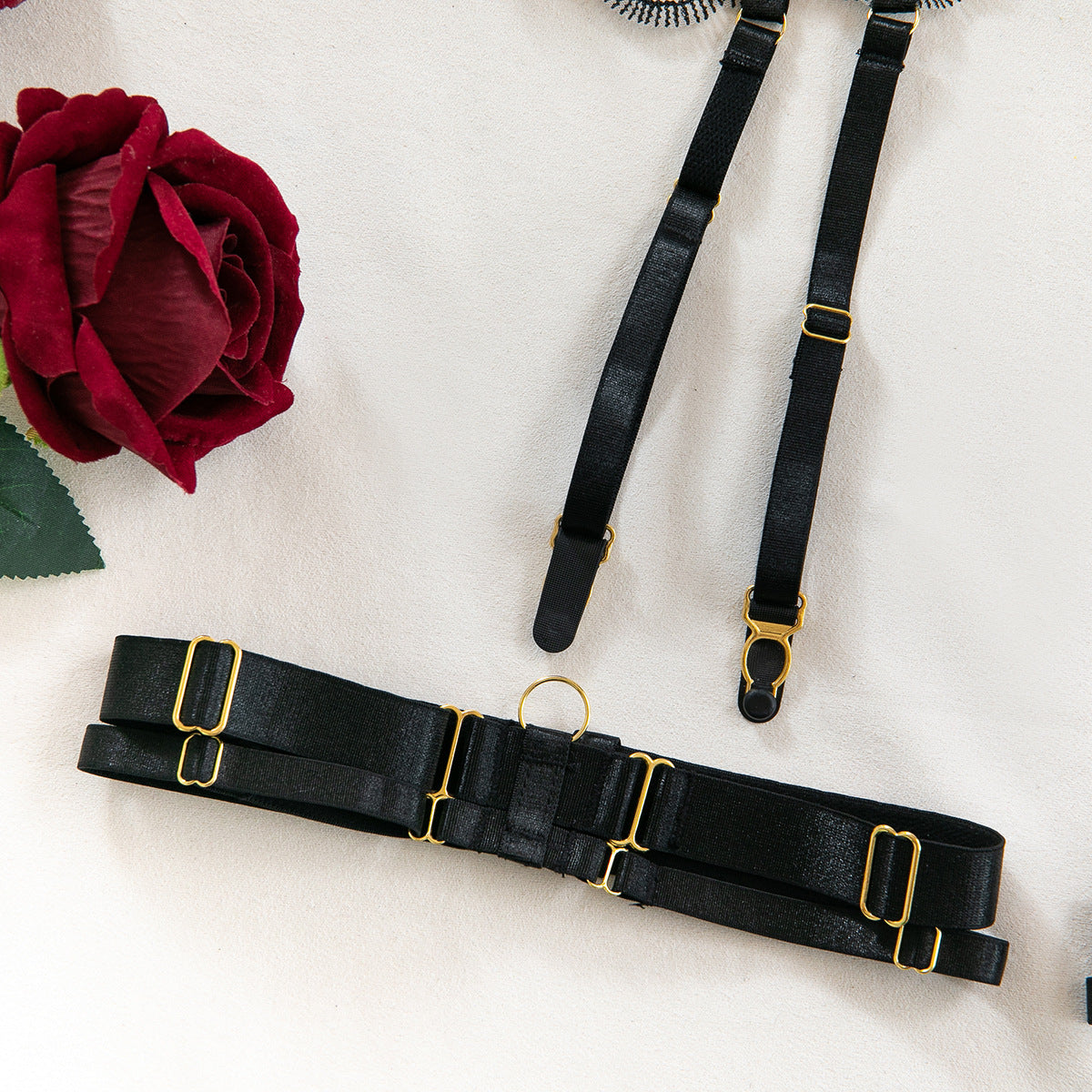 Women embroidered metal buckle lace-up see-through Sexy lingerie set 20