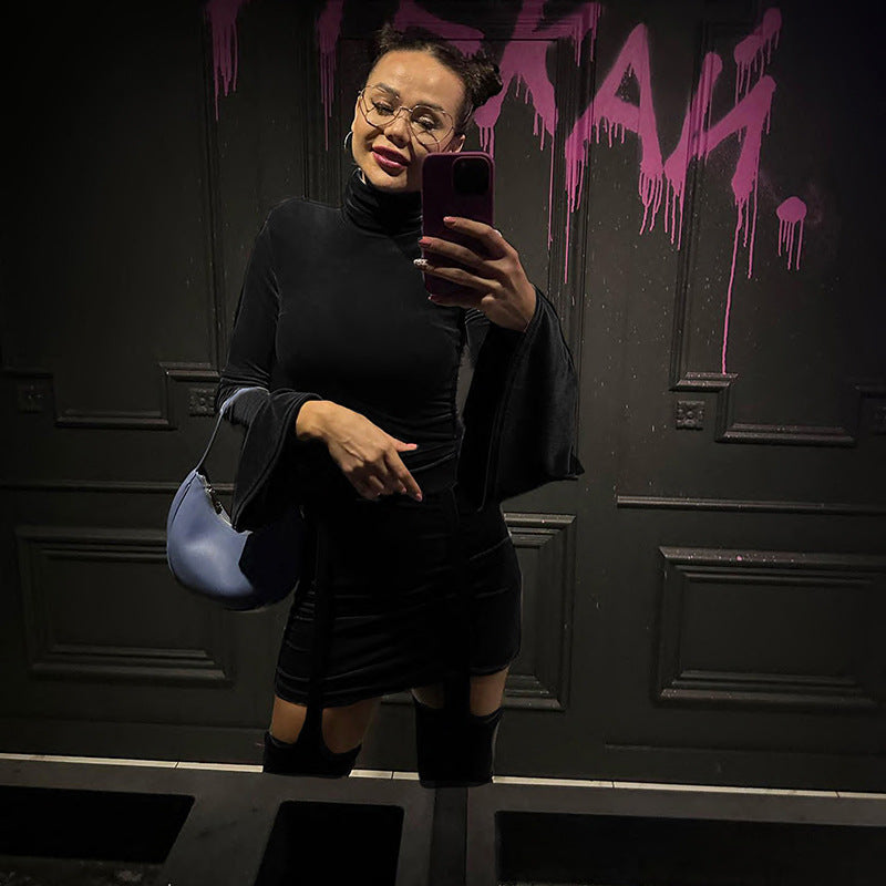 Autumn Women's Sexy Velvet Turtleneck Dress High Waist Straps Bell Bottom Pants Two Piece Set For Women 6