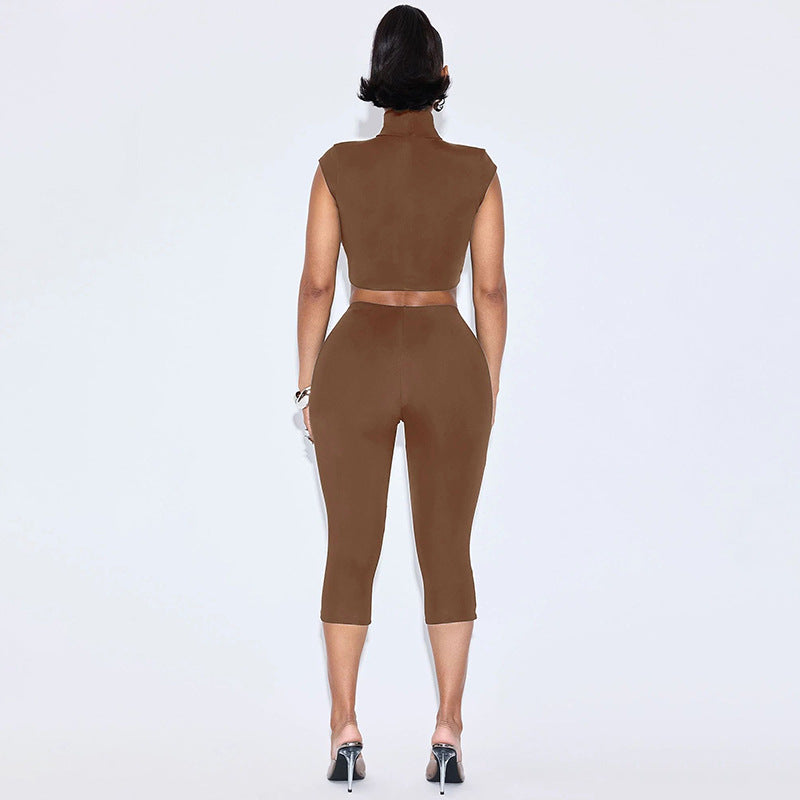 Women's Semi-High Round Neck Front Cut-Out Short Sleeve Crop Top Tight Fitting Cropped Pants Set 12