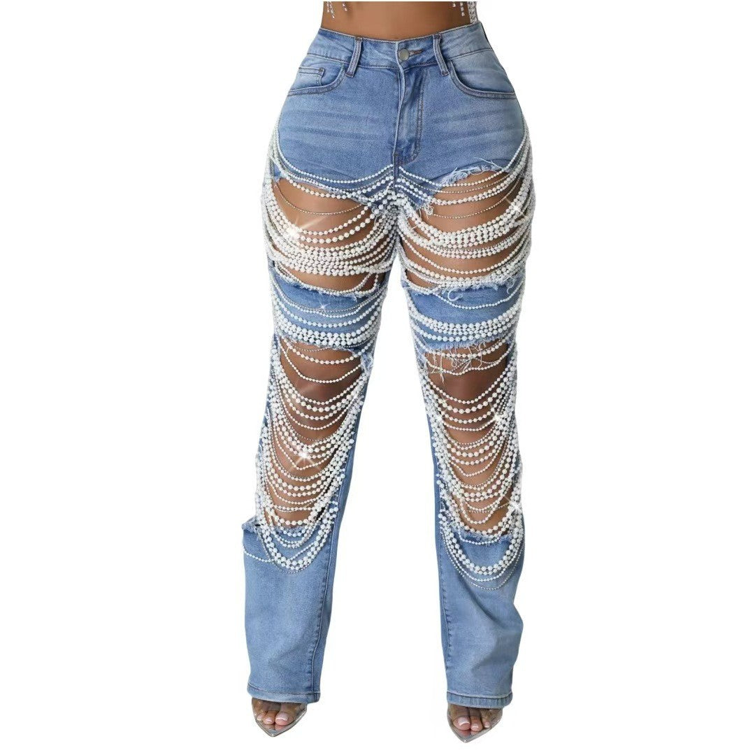 Women Summer Ripped Heavy Beaded Stretchy Denim Pants and Jacket Two-Piece Set 3