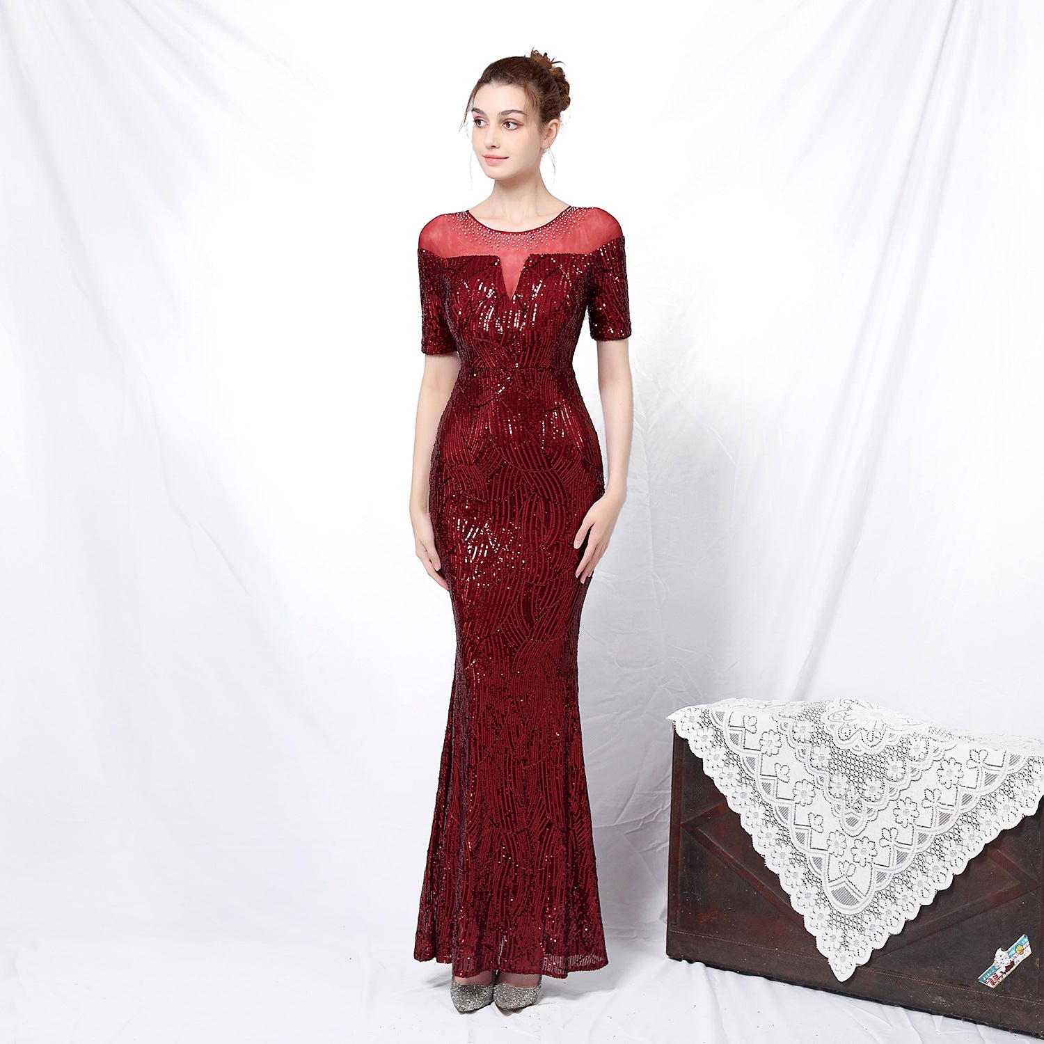 Women Elegant Long Sleeve Sequins Fishtail Evening Dress 11