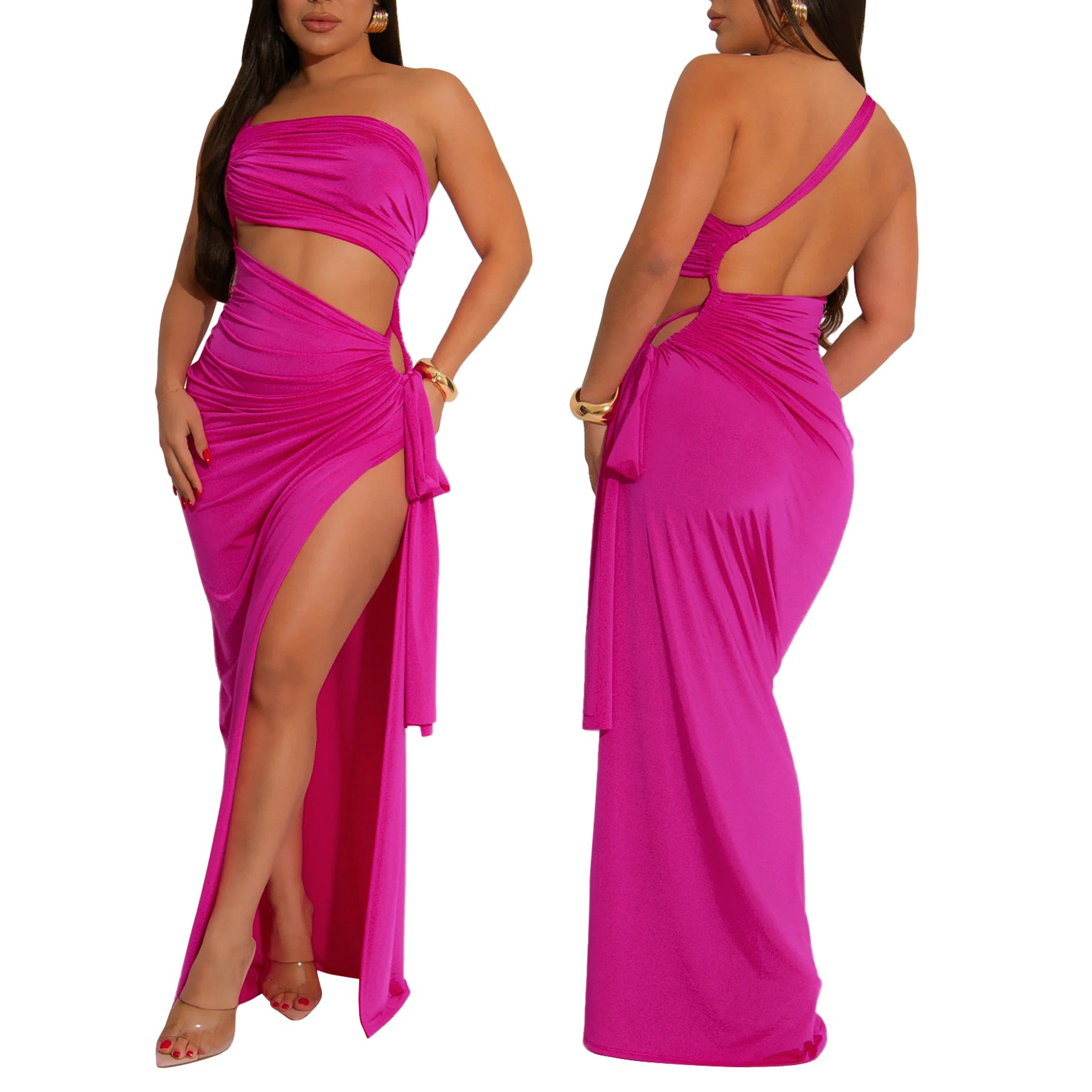 Fashionable women's solid color slash shoulder sexy slit dress 5