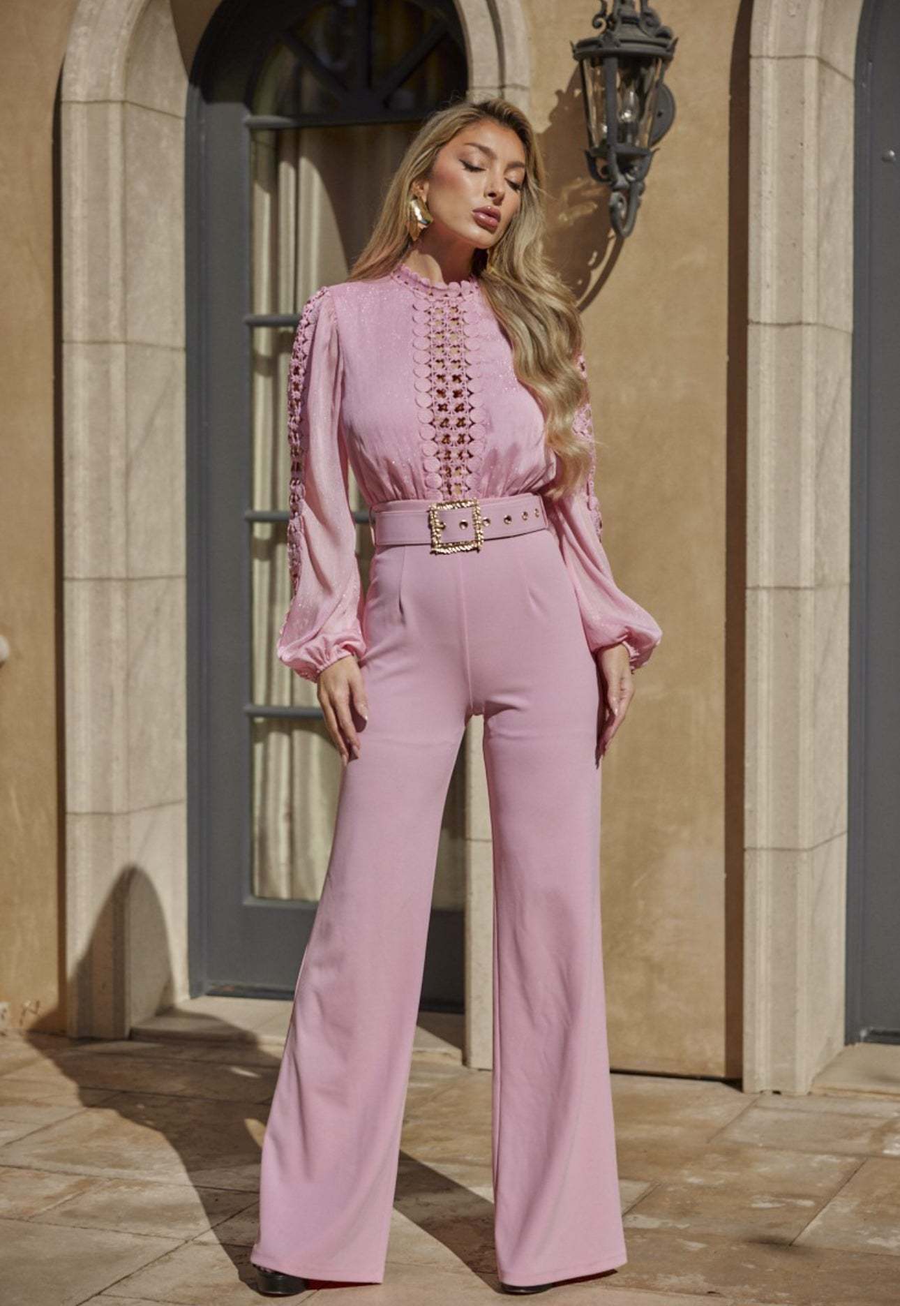 Women Elegant Lace Patchwork Lace-Up Wide-Leg Jumpsuit 13