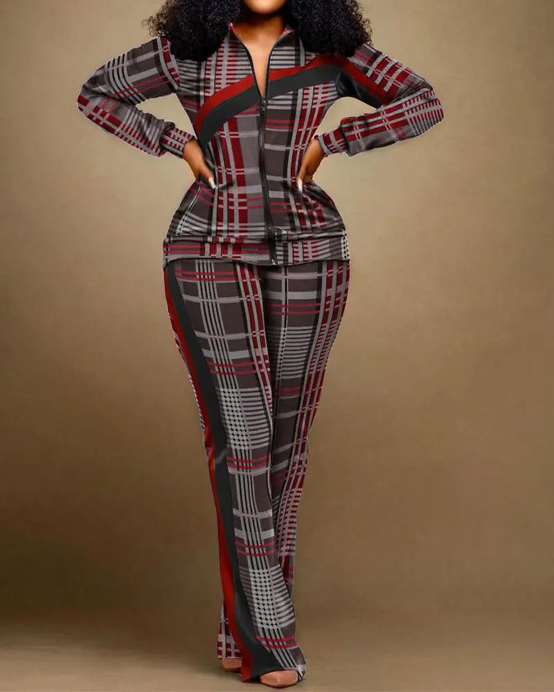 Women long-sleeved color-blocked zipper top and trousers two-piece set 12