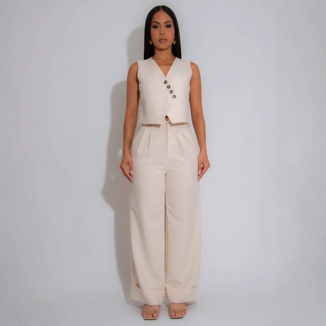 Women Solid Sleeveless V-Neck Vest Top Casual Wide Leg Pants Two-Piece Set 3