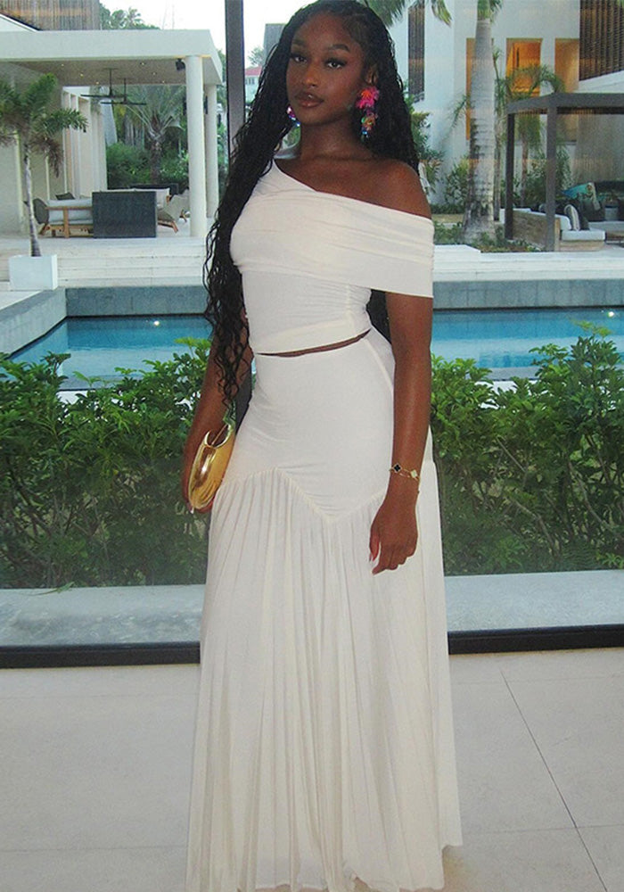 Women's Solid Color Sexy Off Shoulder Slim Top Pleated Skirt Trendy Two Piece Set