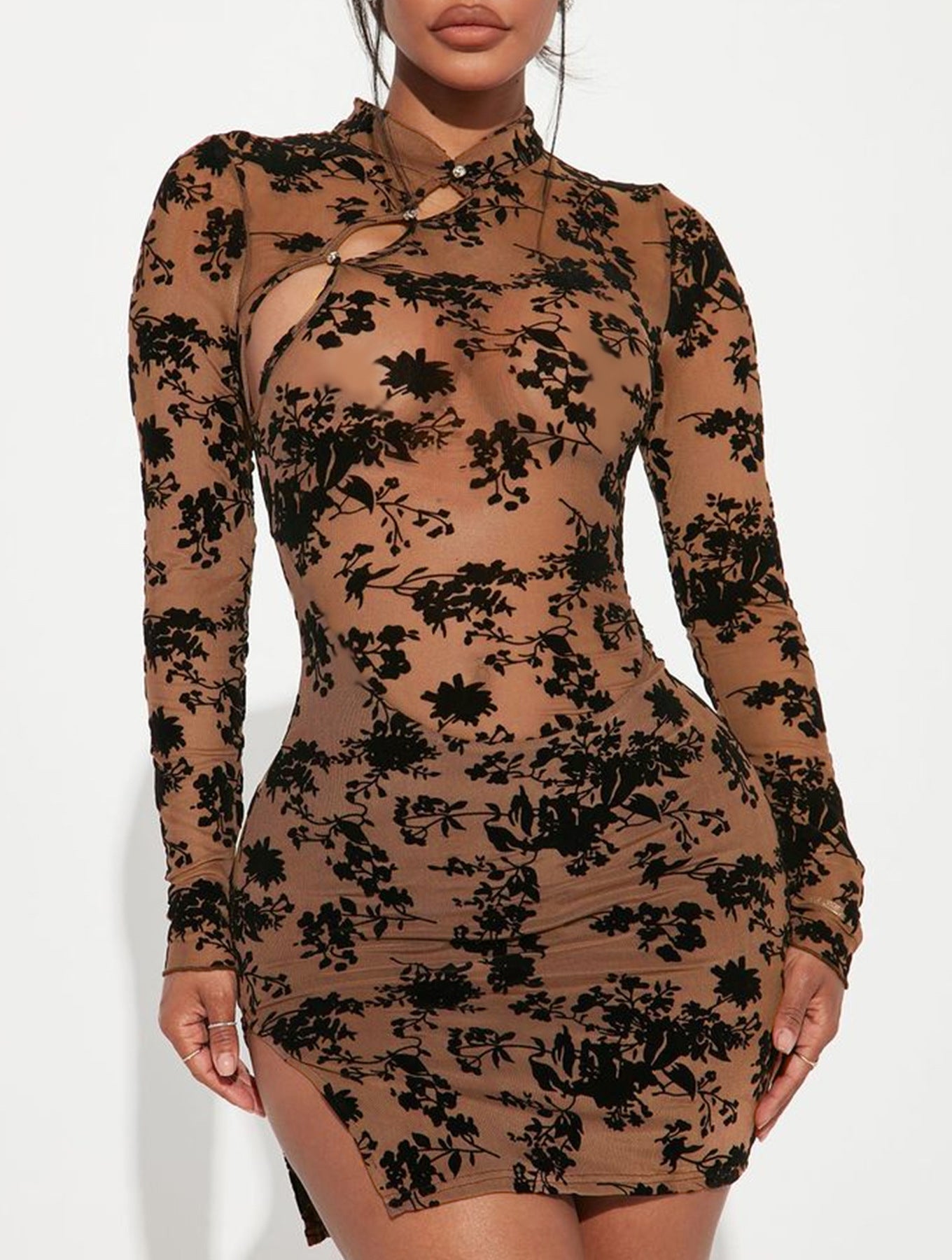 Women French style obscure print mesh Bell Bottom sleeve bodycon dress