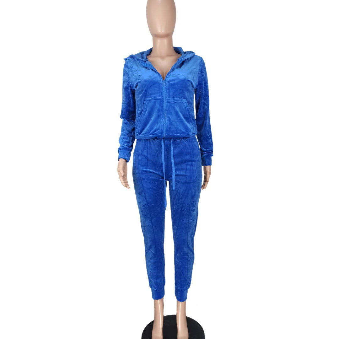 Women's Fashion Casual Velvet Hooded Women's Two-Piece Tracksuits 14
