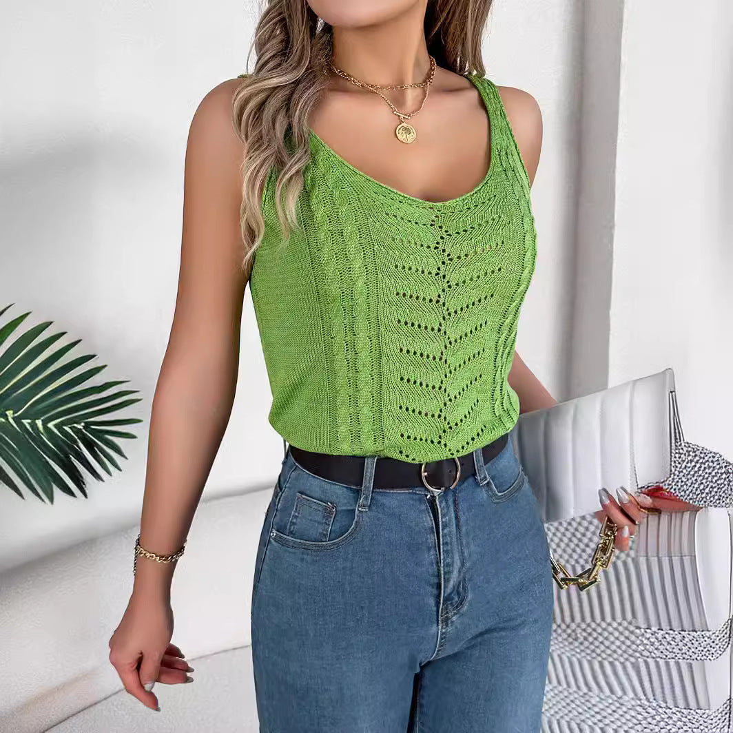 Spring And Summer Casual Solid Color V-Neck Hollow Top Holidays Knitting Shirt Women 's Clothing 7