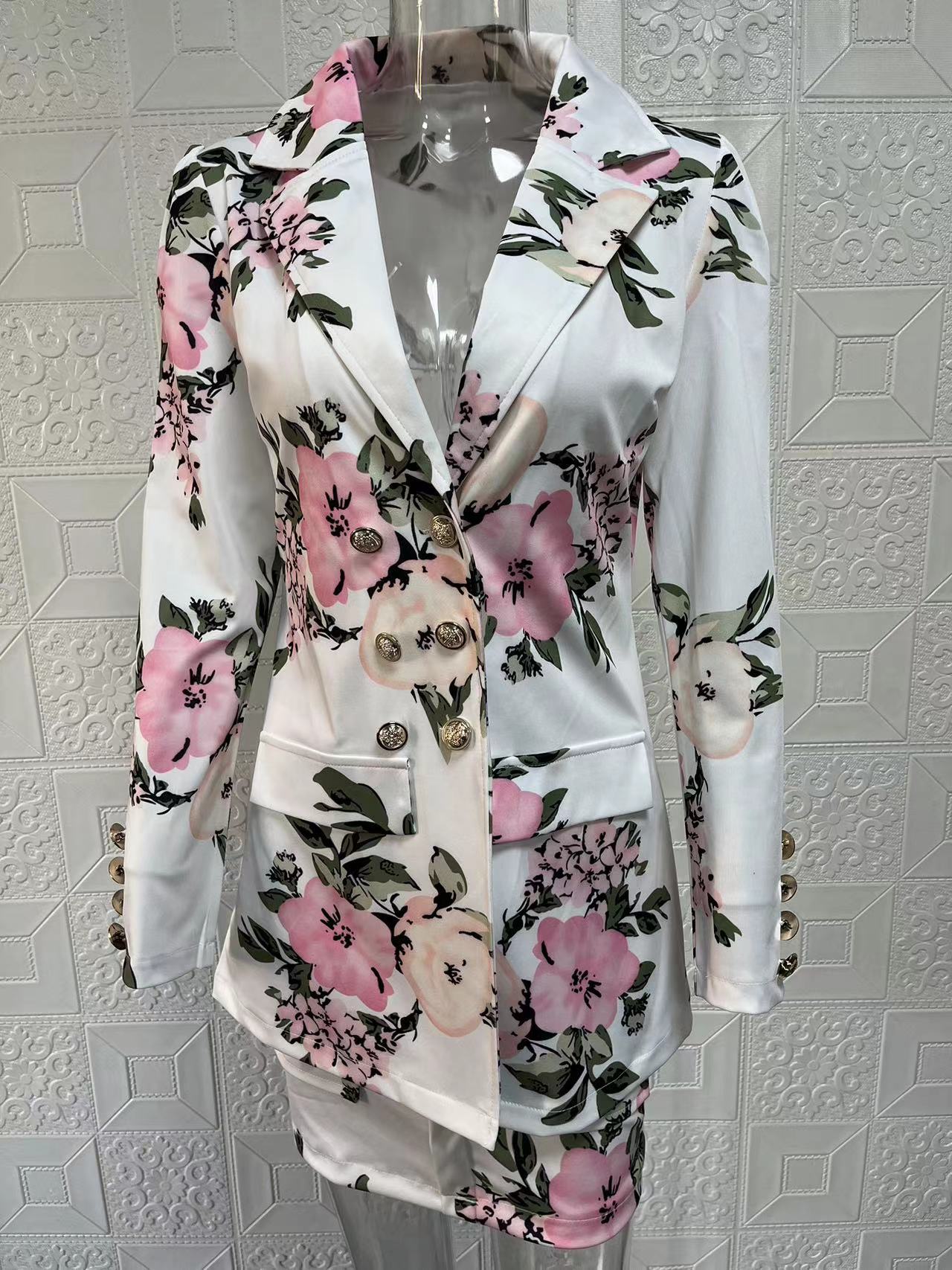 Women Printed Elegant Career Blazer and Print Skirt Two-Piece Set 29